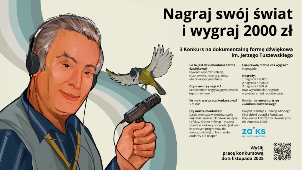 Grafika informująca o Konkursie na dokumentalną formę dźwiękową im. Jerzego Tuszewskiego